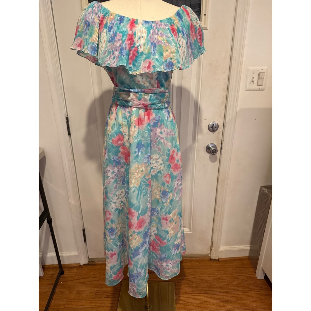Vintage Lanz Originals Floral Maxi Dress Off Shoulder Pleated Ruffle 80's Sz M